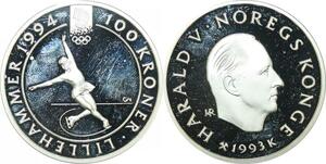 Q0171 Norway Olympics Games 100 Kroner Harald V Lillehammer 1994 Silver PF
