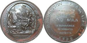 Q0374 Very Rare Revolution 5 sols Monneron 1792 Flan Bruni Fr Médaille PCGS SP62