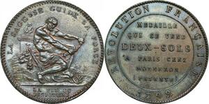 Q0381 Rare Constitution Monneron 2 Sols Essai Hercule 1792 Birmingham UNC