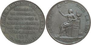 Q0383 Constitution 2 Sols Paris 1791A an 3 desaxée 90° -> Faire offre