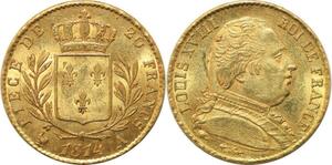 Q0403 Rare 20 Francs Louis XVIII 1814 A Paris Or Gold PCGS MS62