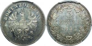 Q0407 Rare Germany Hohenzollern Prussia 3 Kreuzer 1852 A PCGS PR65 Proof