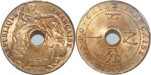 Q0434 Finest French Indochina 1 Centième 1923 Poissy PCGS MS64 RED !!