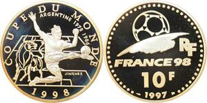 Q0452 France 10 Francs World Cup Football 1998 Argentina Silver BE Proof
