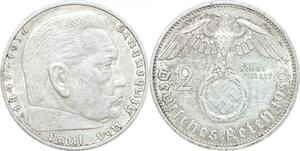 Q0474 Germany 2 Reichsmark Hinbenburg 1939 A Berlin Silver UNC