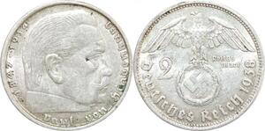 Q0491 Germany 2 Reichsmark Hinbenburg 1938 B Silver AU > Offer