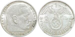 Q0493 Germany 2 Reichsmark Hinbenburg 1939 B Silver AU > Offer