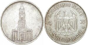 Q0499 Germany Berlin 5 Reichsmark Potsdam Garrison Church 1935 A Silver