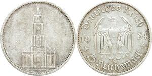 Q0500 Germany Bayern 5 Reichsmark Potsdam Garrison Church 1934 D Silver