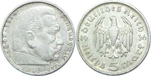 Q0511 Germany Baden 5 Reichsmark Hinbenburg 1936 G Silver > Make Offer