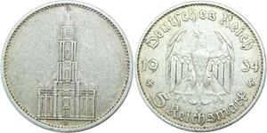 Q0513 Germany Bayern 5 Reichsmark Potsdam Garrison Church 1934 D Silver