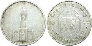 Q0516 Germany Baden 5 Reichsmark Potsdam Garrison Church 1934 G Silver
