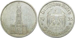Q0521 Germany Berlin 5 Reichsmark Potsdam Garrison Church 1935 A Silver