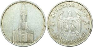 Q0522 Germany Baden 5 Reichsmark Potsdam Garrison Church 1934 G Silver