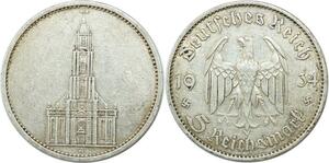 Q0523 Germany Berlin 5 Reichsmark Potsdam Garrison Church 1934 A Silver