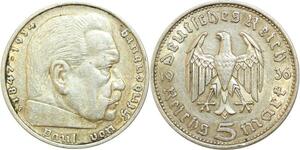 Q0528 Germany Wurttemberg 5 Reichsmark Hinbenburg 1936 F Silver > Make Offer