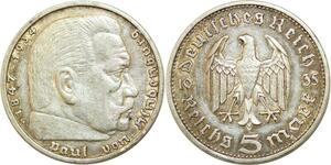 Q0531 Germany Baden 5 Reichsmark Hinbenburg 1935 G Silver > Make Offer