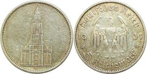 Q0533 Germany Bayern 5 Reichsmark Potsdam Garrison Church 1934 D Silver