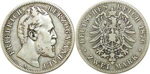 Q0535 Rare Germany Berlin Anhalt 2 Mark Friedrich 1876 A Silver