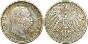 Q0542 Germany Wurttemberg 2 Mark Wilhelm II 1908 F Silver AU > Make Offer