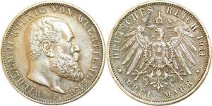 Q0555 Germany Wurttemberg 3 Mark Wilhelm II 1911 F Silver > Make Offer