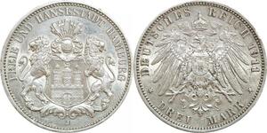 Q0561 Germany Hamburg 3 Mark 1911 J Silver AU+ > Make offer
