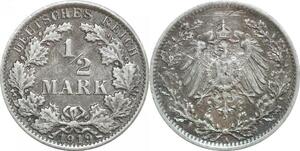 Q0562 Germany Berlin Kaiserreich 1/2 Mark 1919 A Silber XF+ > Make Offer