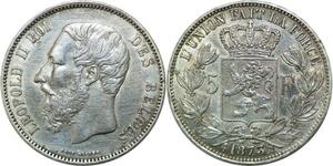 Q0603 Belgium 5 Francs Leopold II 1873 Pos A Silver > Make Offer