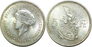 Q0612 Luxembourg 5 Francs Grande Duchesse Charlotte 1929 Silver UNC > Offer