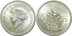 Q0613 Luxembourg 5 Francs Grande Duchesse Charlotte 1929 Silver UNC > Offer
