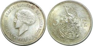 Q0614 Luxembourg 5 Francs Grande Duchesse Charlotte 1929 Silver AU+ > Offer