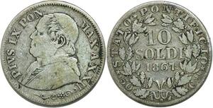 Q0621 Italian Papal States 10 Soldi 1867 XXII R Roma Silver > Make Offer