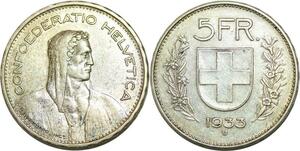 Q0624 Switzerland 5 Francs Suisse Helvetia 1933 B Berne Silver > M Offer