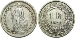 Q0625 Switzerland 1 Franc Suisse Helvetia 1921 B Berne Silver > Make Offer