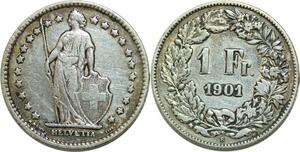 Q0626 Switzerland 1 Franc Suisse Helvetia 1901 B Berne Silver > Make Offer