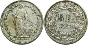 Q0628 Switzerland 1/2 Franc Suisse Helvetia 1951 B Berne Silver > M Offer