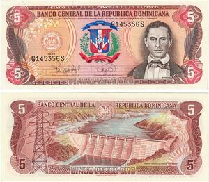 Q0658 Banknote Dominican Republic 5 Pesos Francisco Sánchez 1996 UNC
