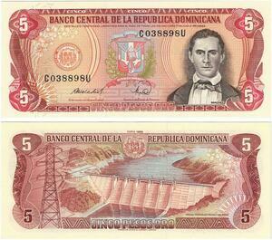 Q0659 Banknote Dominican Republic 5 Pesos Francisco Sánchez 1988 UNC