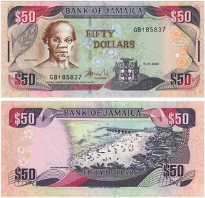 Q0669 Banknote South America Jamaica 50 Dollars Samuel Sharpe 2002 UNC