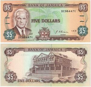 Q0673 Banknote South America Jamaica 5 Dollars Norman Manley 1992 UNC