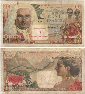Q0681 Banknote Colonies St Pierre Miquelon 2 NF 100 Francs Bourdonnais 1960