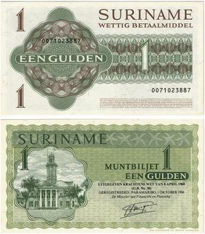 Q0688 Banknote South America Suriname 1 Gulden 1960 1986 UNC ->Make Offer