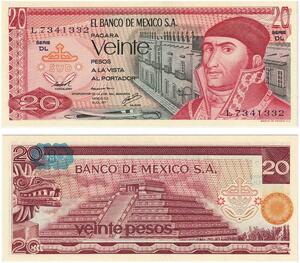 Q0707 Banknote Mexico 20 Pesos Juarez 1977 UNC ->Make Offer
