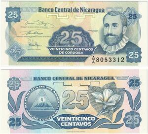 Q0721 Banknote Nicaragua 25 Centavos Francisco Hernandez de Cordoba UNC