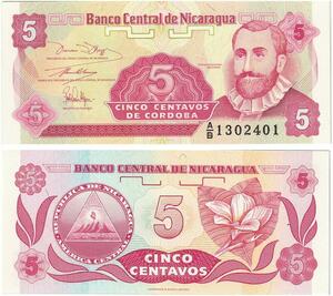 Q0724 Banknote Nicaragua 5 Centavos Francisco Hernandez de Cordoba 1991 UNC