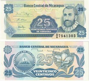 Q0726 Banknote Nicaragua 25 Centavos Francisco Hernandez de Cordoba UNC