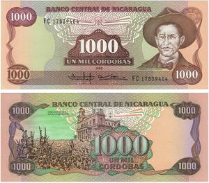 Q0727 Banknote Nicaragua 1000 Cordobas General A C Sandino 1985 UNC