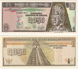 Q0758 Banknote Guatemala 50 Centavos de Quetzal Tecun Uman 1989 UNC