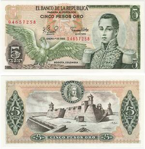 Q0760 Banknote Colombia 5 Pesos Oro José María Córdoba 1980 UNC ->Make Offer