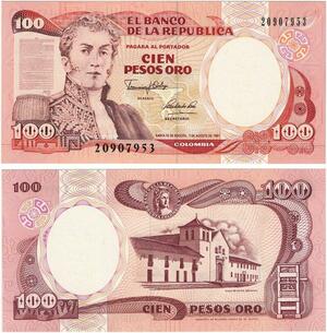 Q0761 Banknote Colombia 100 Pesos Oro General Antonio Nariño 1991 UNC